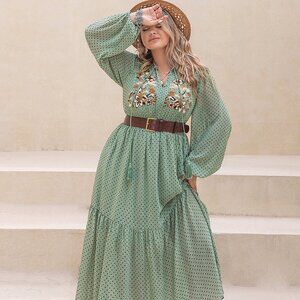 Plus Size Tassel Printed Tie Neck Long Sleeve Midi Dress
